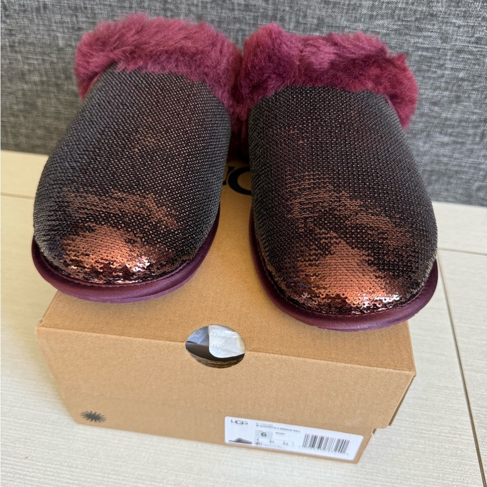 NIB UGG Burgundy Scuffette II Mirror Ball Slippers Shoes Women’s Box Size 6
